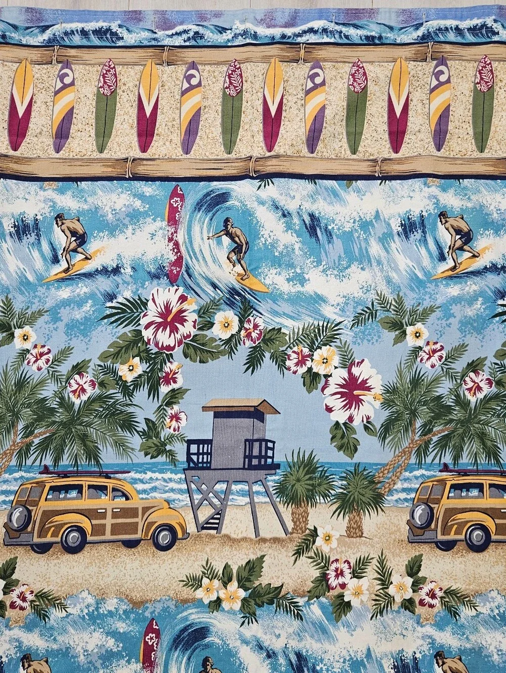 VTG Vohann Surfboard Hawaiian Floral Beach Sand Cars Cotton Shower Curtain 65X72